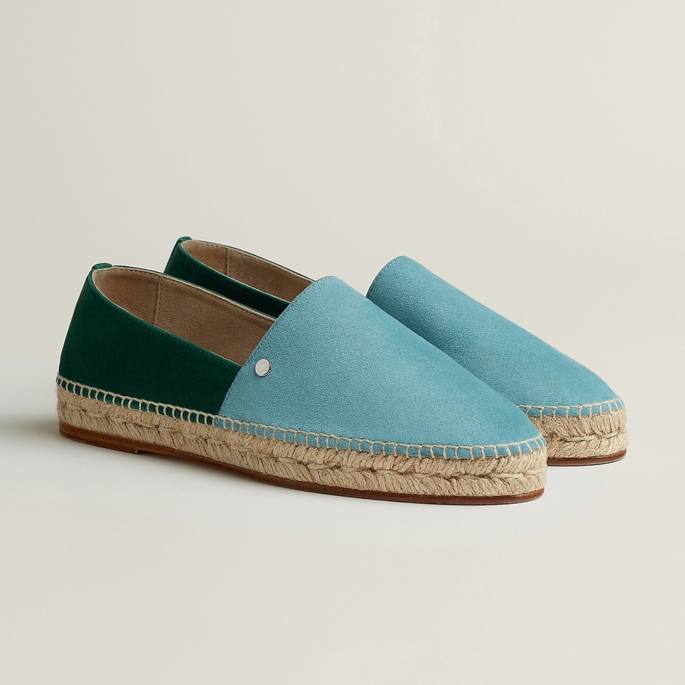 Hermès Joven Suede Espadrille sz 38 Bleu Minéral / Vert Viride